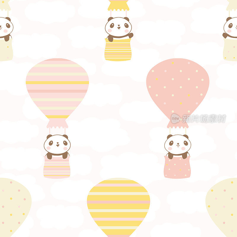 Cute Kawaii panda travelling in hot air balloons seamless vector pattern background. Pastel pink yellow backdrop with smiling and waving cartoon bears flying in the sky. Summer travel repeat for kids
